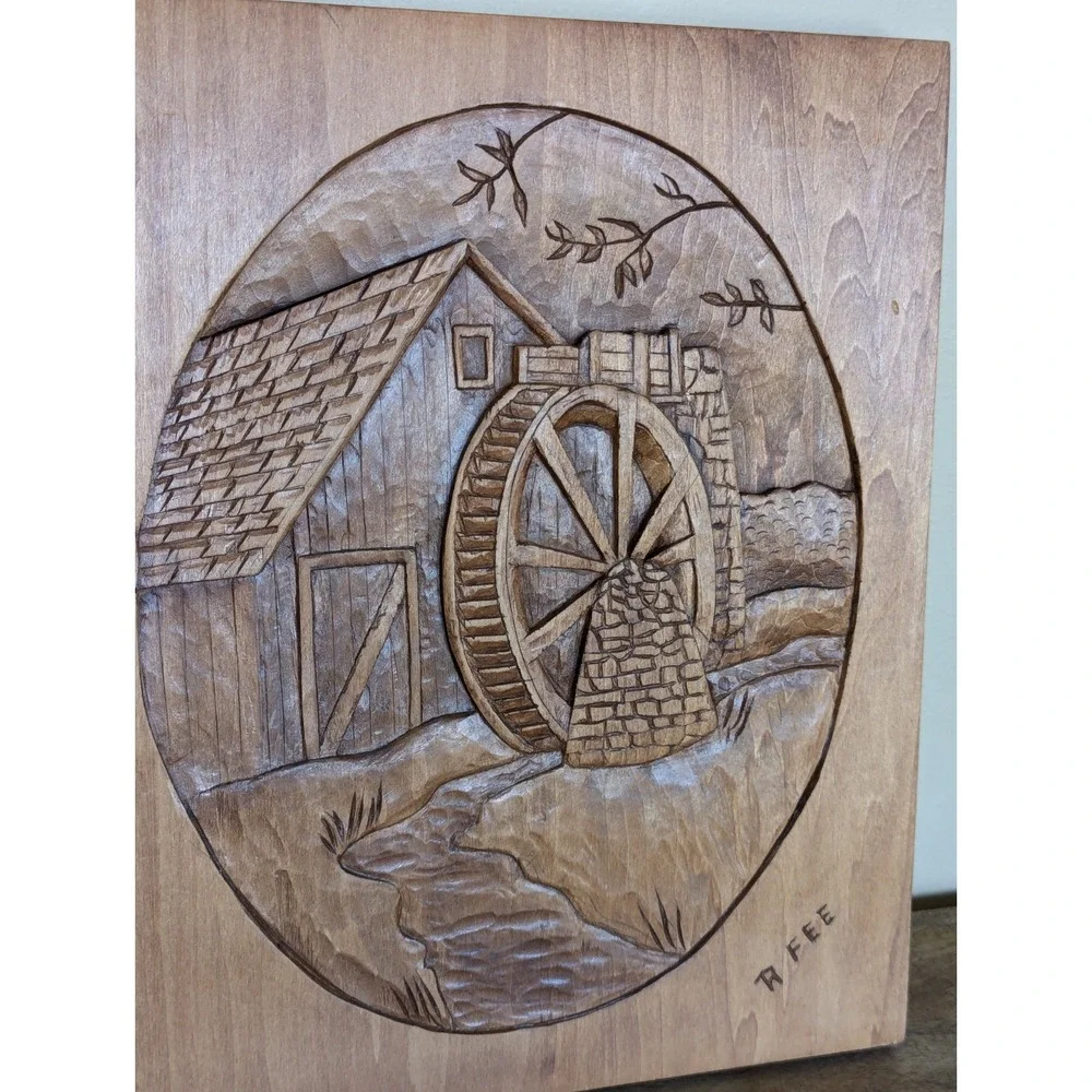 Vintage Hand Carved Wood Relief 3-D Wall Plaque Decor Water Mill Wheel Signed